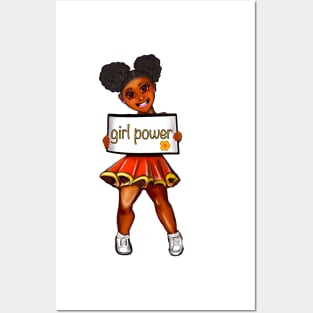 Girl power black anime manga girl cheerleader with Afro hair in puffs, brown eyes and dark brown skin side profile. Hair love ! Posters and Art